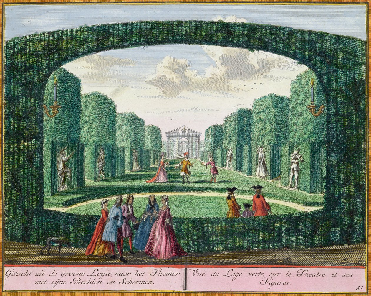 Vista da loggia verde ao teatro, de Het Zeganplant Kennemerlant, por Hendrick de Leth e Matthias Brouerius Van Nidek, publicado c.1700-1730 de Dutch School