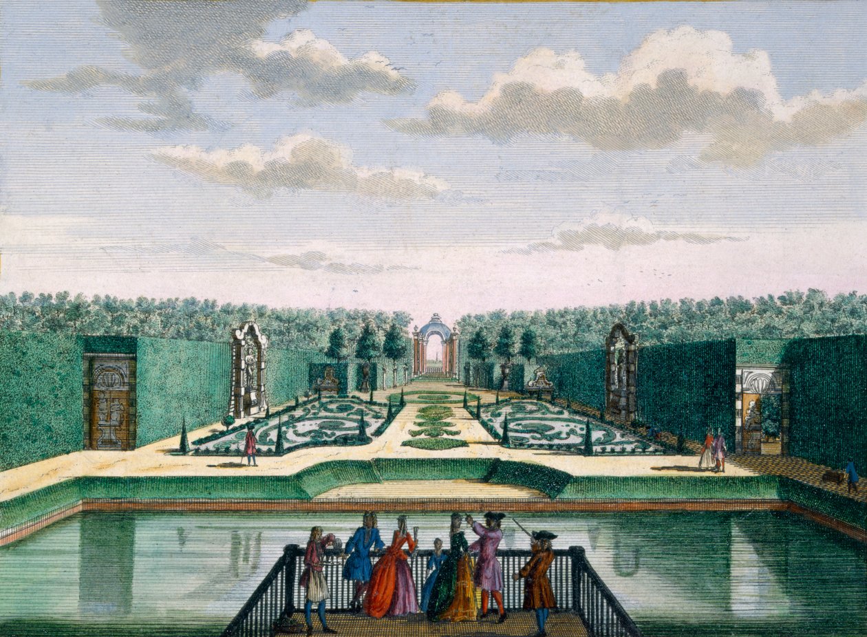 Vista do parterre e arco triunfal, Meerestein, de Het Zeganpralent Kennemerlant por Hendrick de Leth e Matthias Brouerius Van Nidek, publicado c.1700-1730 de Dutch School