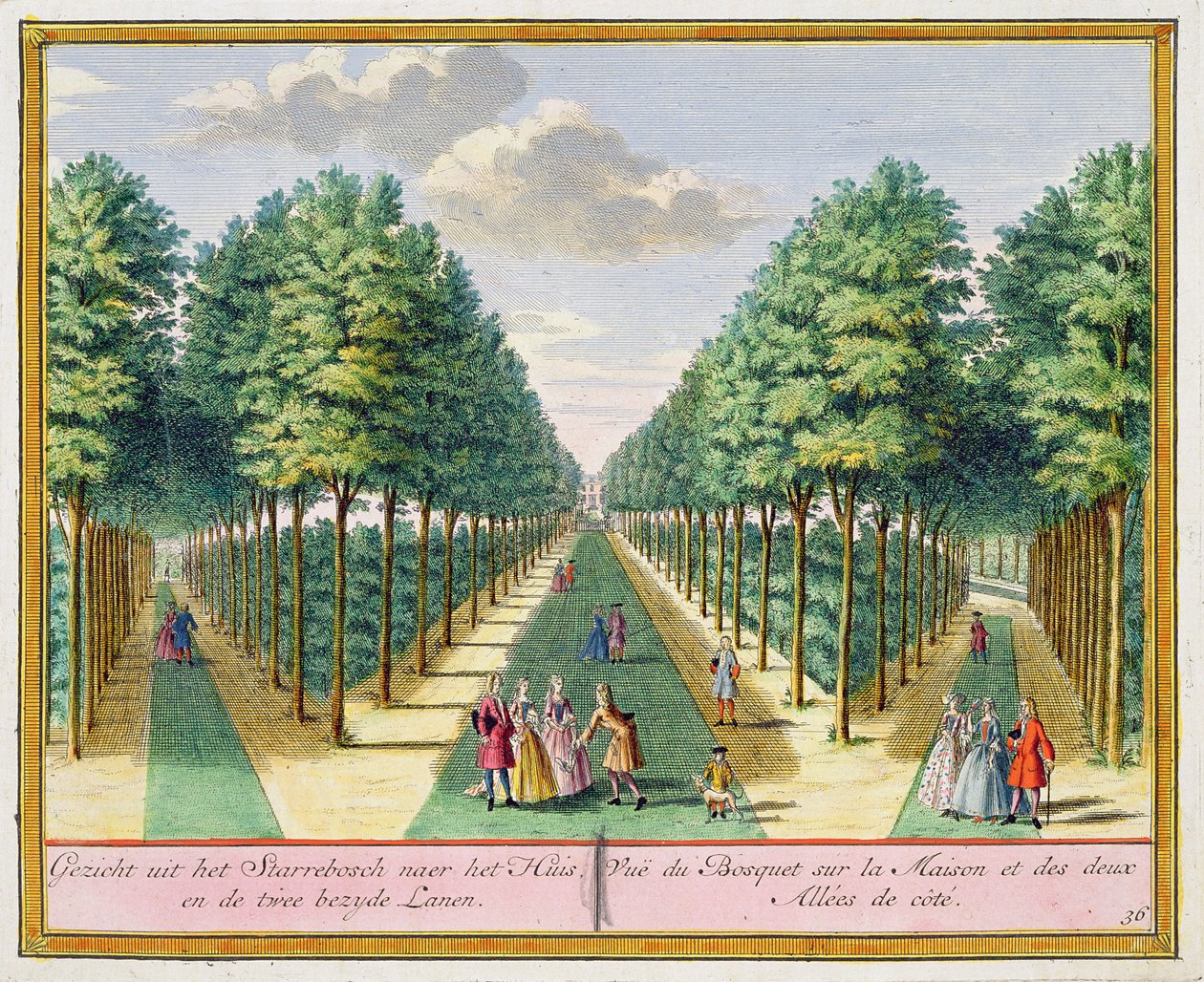 Visão da madeira para a casa e as duas avenidas laterais, Watervliet, de Het Zegenpralent Kennemerlant, por Hendrick de Leth e Matthias Brouerius Van Nidek, publicado c.1700-1730 de Dutch School