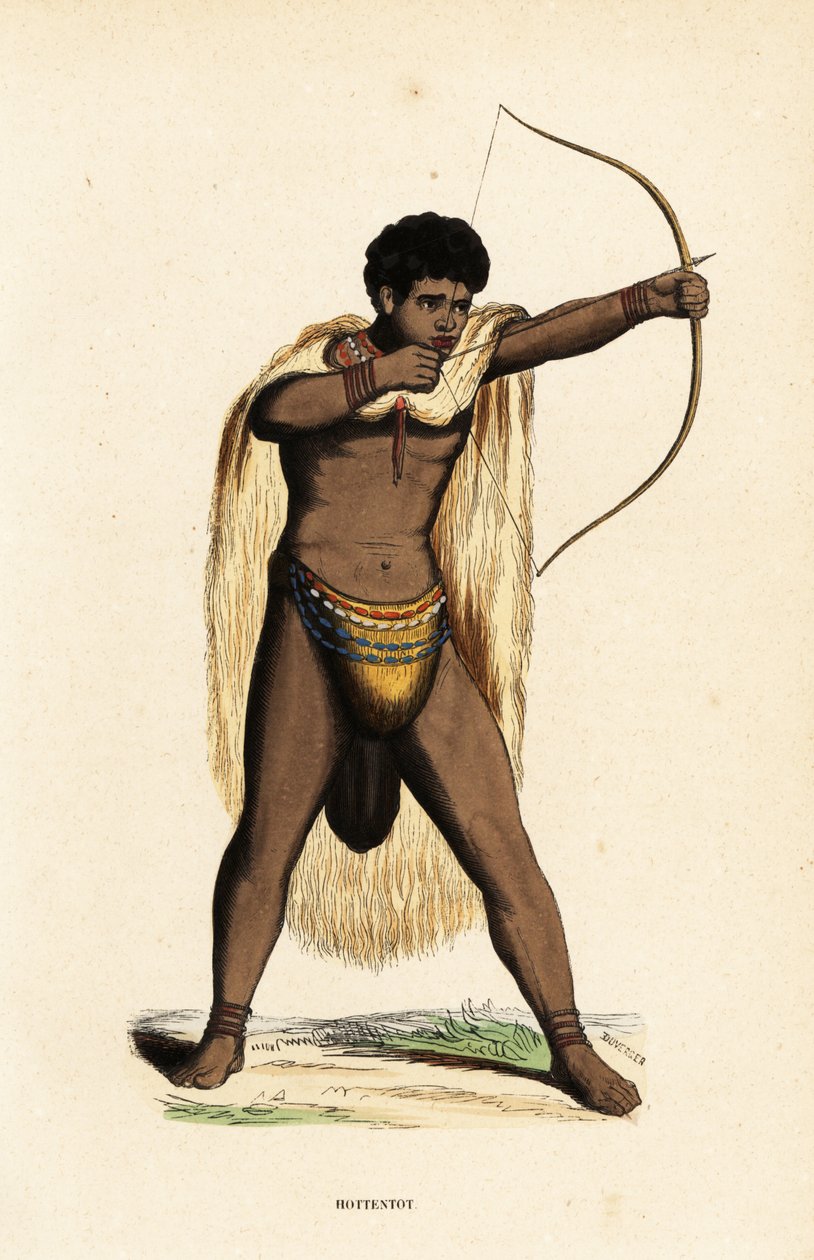 Homem Khoikhoi em capa de pele animal, tanga frisada, com arco e flecha de Duverger Duverger