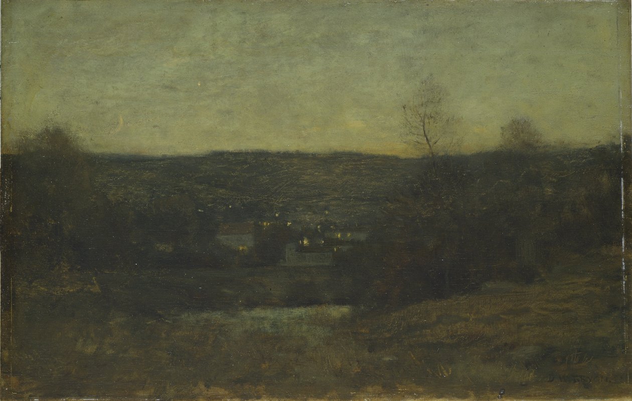 Uma vila iluminada, c.1887 (óleo no painel de madeira) de Dwight William Tryon