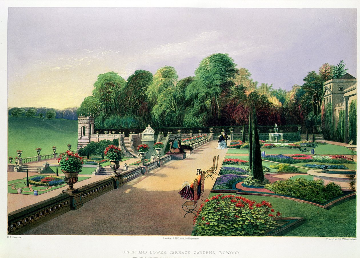 Os jardins superiores e inferiores do terraço em Bowood, de "jardins da Inglaterra", publicaram 1857 (chromolitho) de E. Adveno Brooke