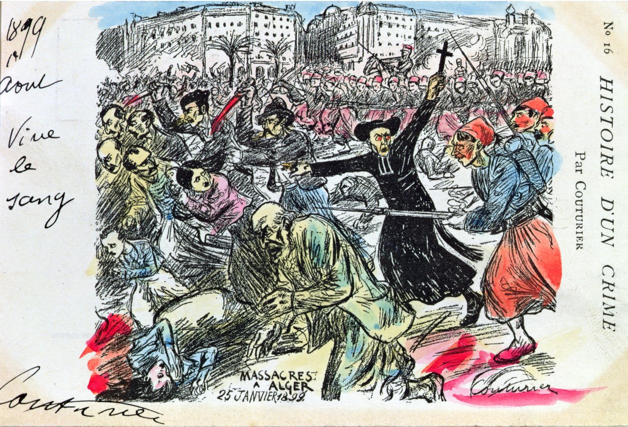 Postal representando o massacre dos judeus em Argel, 25 de janeiro de 1899 (litografia colorida) de E. Couturier
