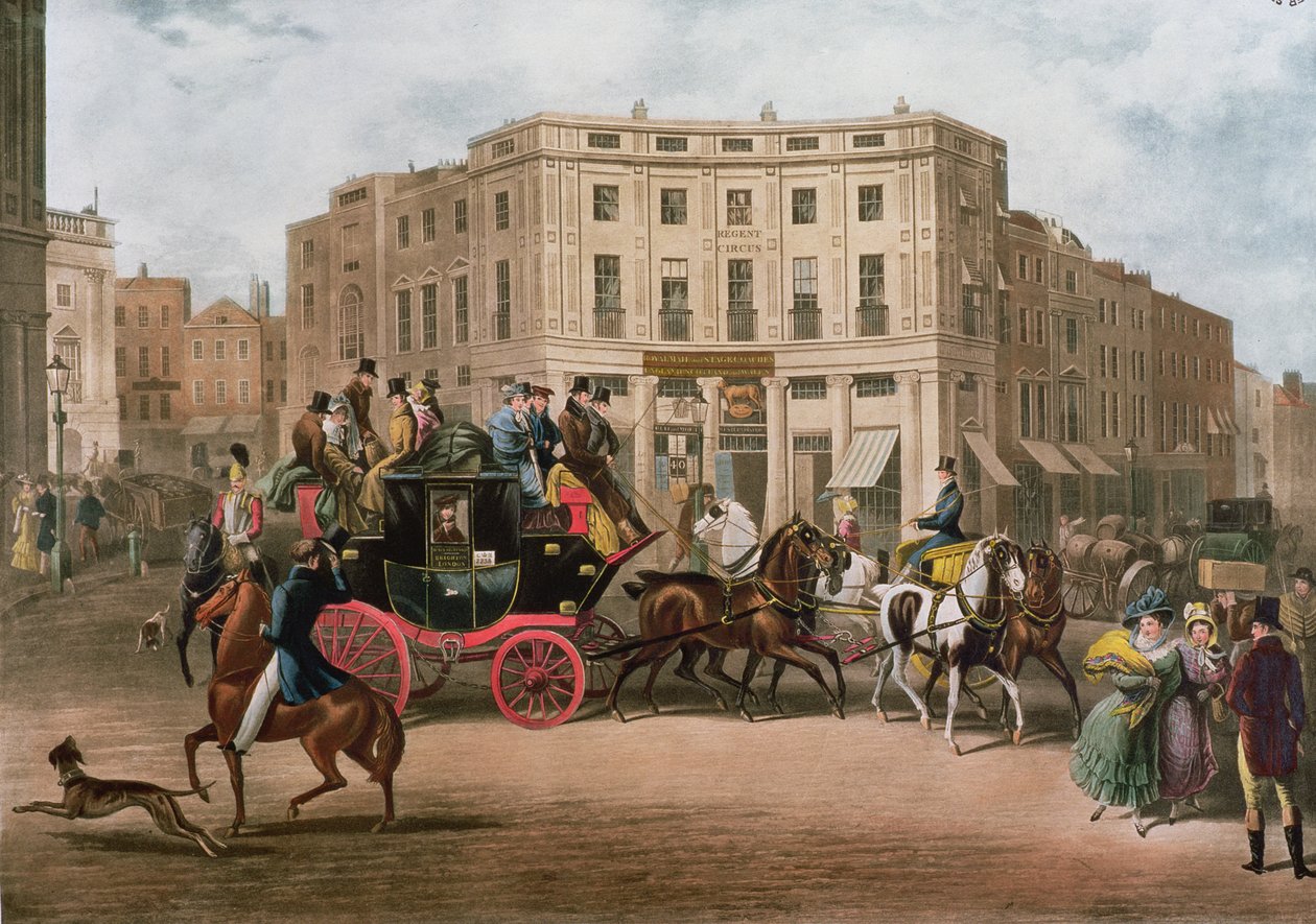 The Age, treinador de Brighton no Touro e na Boca, Regent Circus, Piccadilly, gravado por GVC Hunt, 1829 de E. F. Lambert