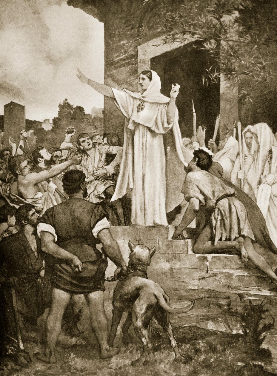 St. Genevieve, tranquilizando os parisienses durante a aproximação de Átila, ilustração da "História das Nações de Hutchinson", 1915 de E. Fiorillo