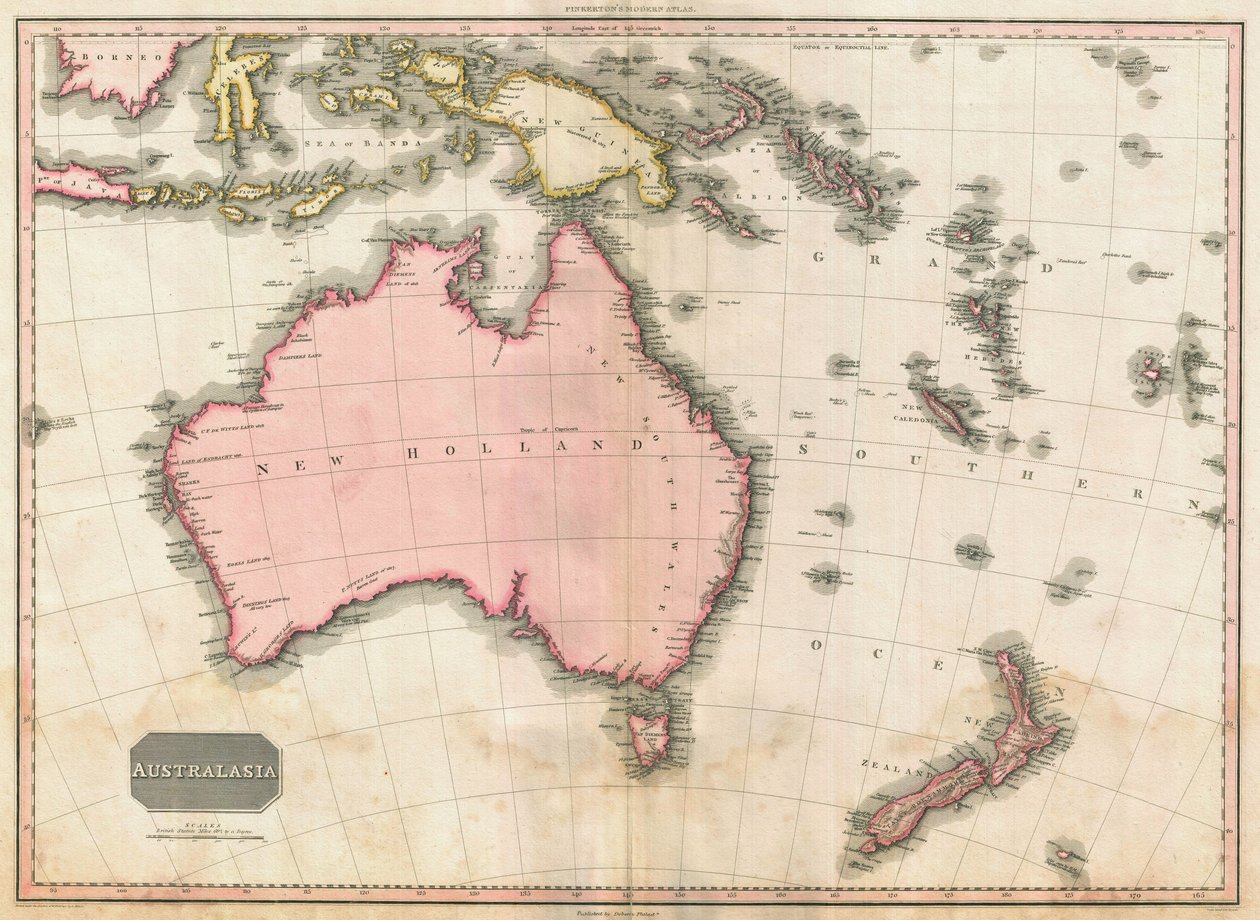 Mapa de John Pinkerton da Austrália e do Sudoeste do Pacífico, 1818 (gravura colorida) de E. J. Pinkerton