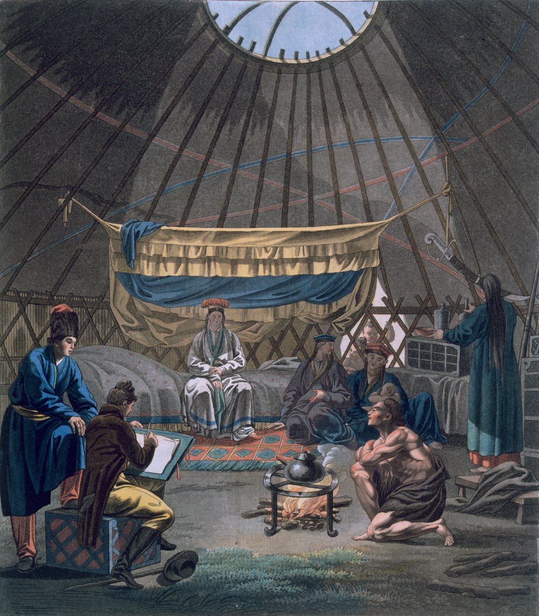 Interior de um yurt de Kalmuk, 1812-13 de E. Karnejeff