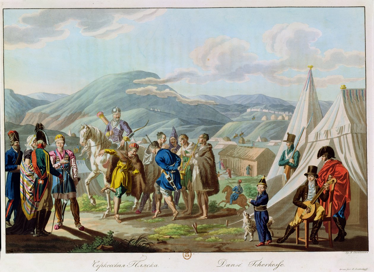 Uma dança de Tcherkesse, gravada por Scotnikov, 1813 (aquatint) de E. Korneyev