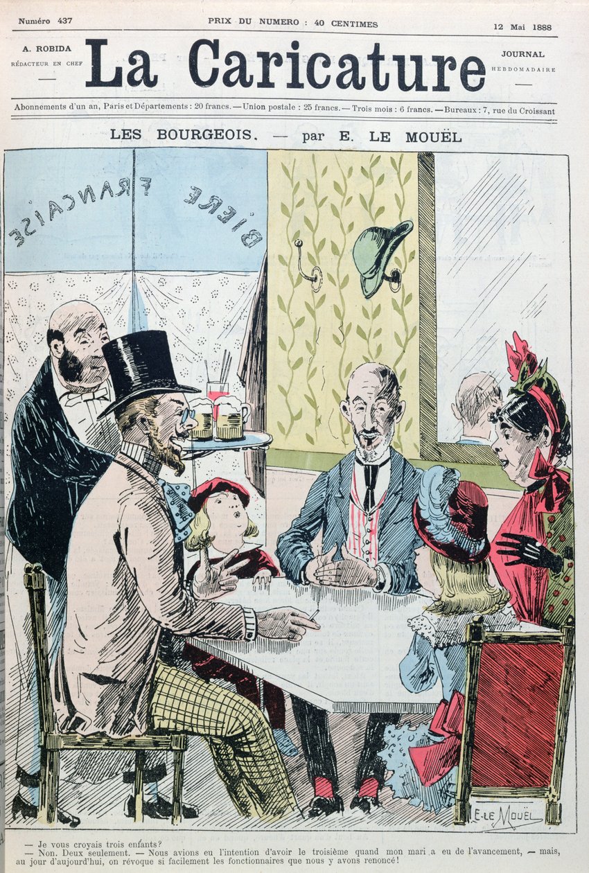 Um casal burguês explicou que eles só tiveram dois filhos por razões econômicas, de La Caricature, 12 de maio de 1888. de E. Le Mouel