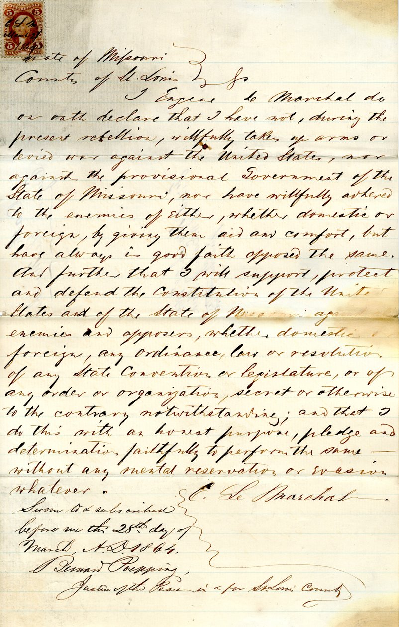 Jura juramento de lealdade ao Governo dos Estados Unidos e ao Estado do Missouri de E. LeMarchal