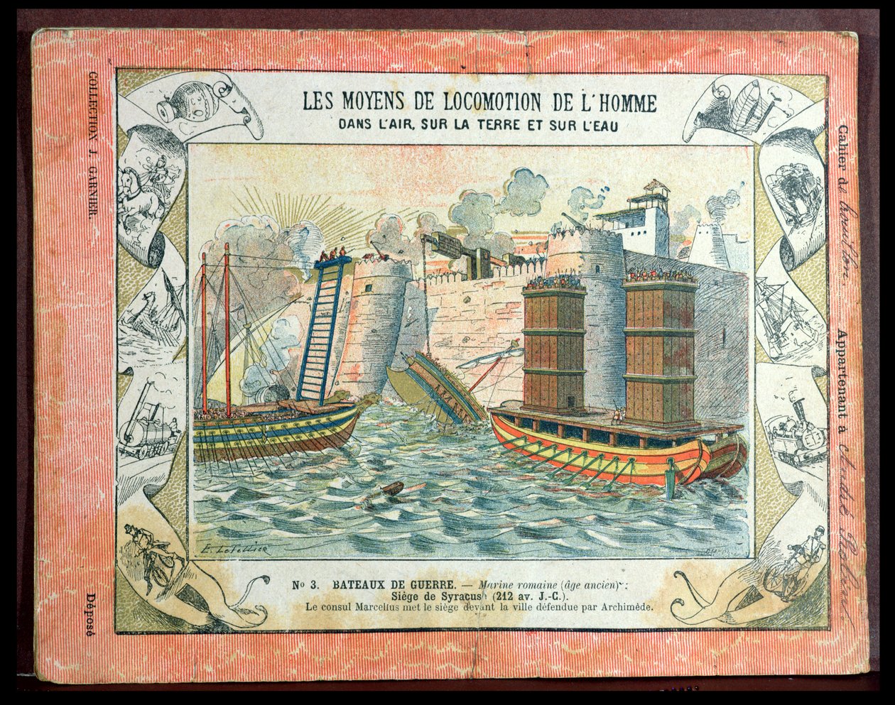 Capa do livro de exercícios escolares ilustrando o cerco de Siracusa pelos romanos sob o cônsul Marco Cláudio Marcelo (268-208 aC) em 212 aC, c.1900 de E. Letellier