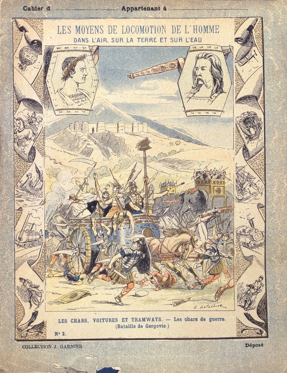 Carruagens de guerra gaulesas na Batalha de Gergovia, de uma capa protetora para livros escolares, final do século XIX de E. Letellier