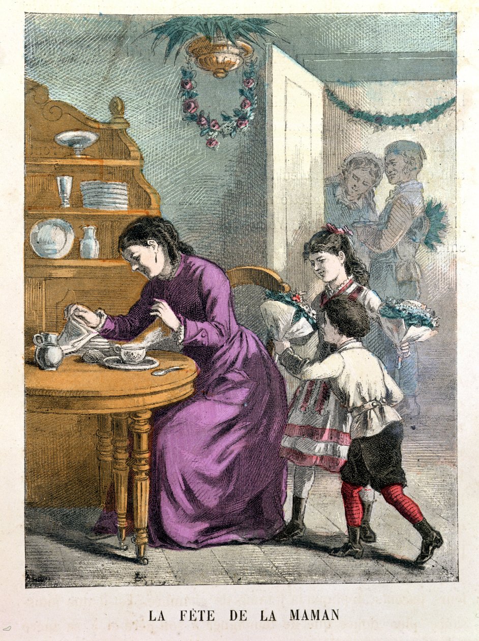 Dia das mães, ilustração de belos dias e dia das crianças pequenas por A. des Tilleuls, final do século XIX de E. Morel