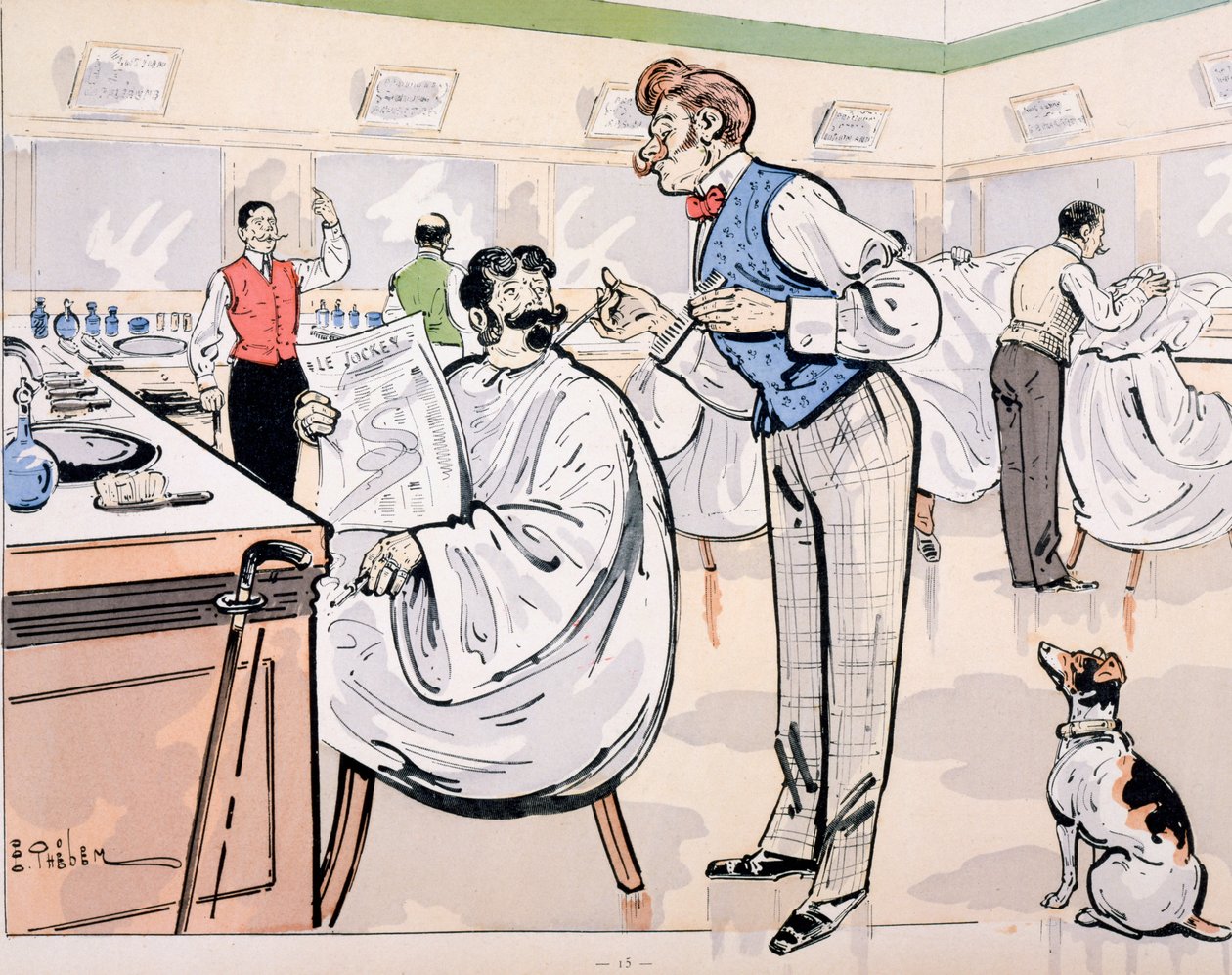 No barbeiro e lendo &39;Le Jockey&39;, c.1905 de E. Thelem