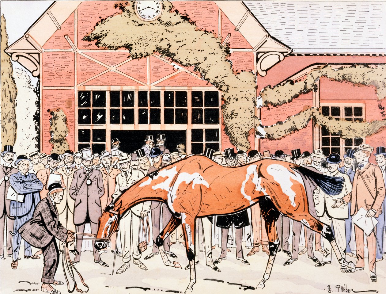 Visualizando o cavalo de corrida no paddock, c.1905 de E. Thelem