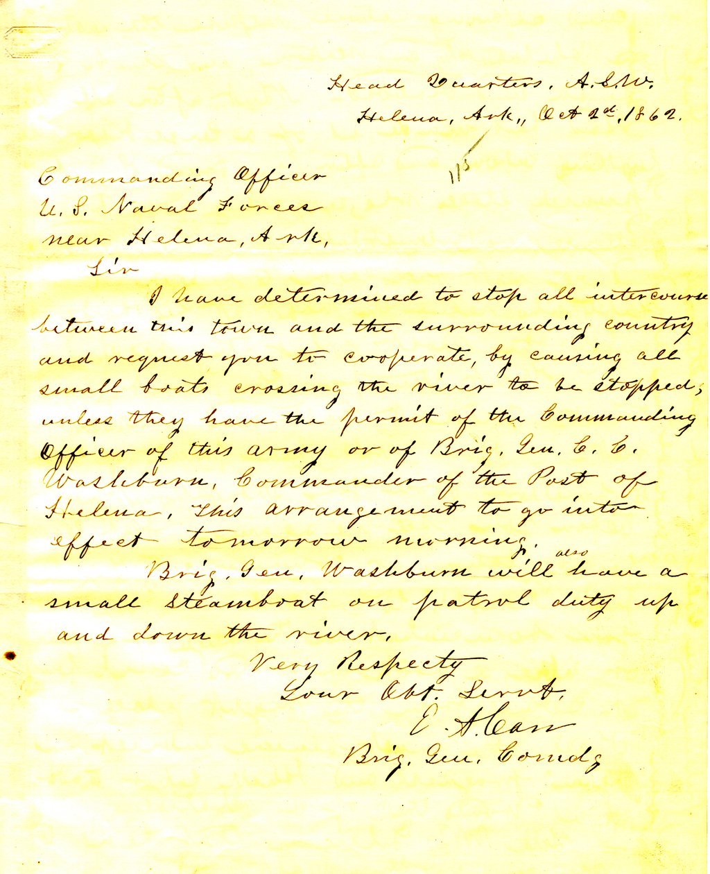 Carta de E. A. Carr, Helena, Arkansas, ao comandante das forças navais americanas perto de Helena, Arkansas, 2 de outubro de 1862 de E.A. Carr