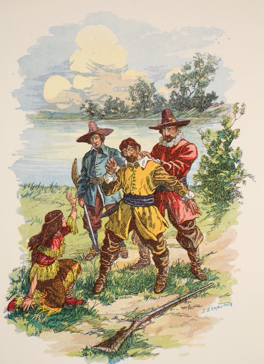 Ele foi agarrado pela parte de trás do colarinho, ilustração de "Pocahontas: A Princesa dos Bosques", de Edward S. Ellis, pub. McLoughlin Brothers, Nova York, c.1912 de E.B. Comstock