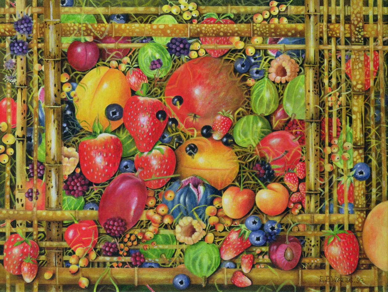 Fruta em Bamboo Box, 1999 (acrílico sobre tela) de E.B. Watts