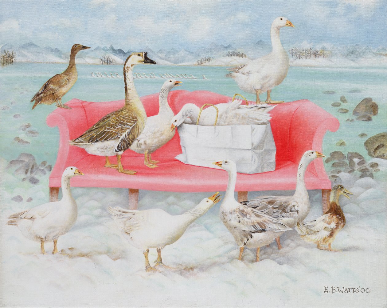 Gansos no Sofá Rosa, 2000 (acrílico sobre tela) de E.B. Watts