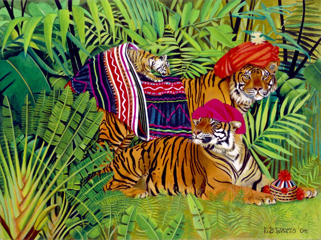 Família de tigres com roupas tailandesas, 2004 (acrílico sobre tela) de E.B. Watts