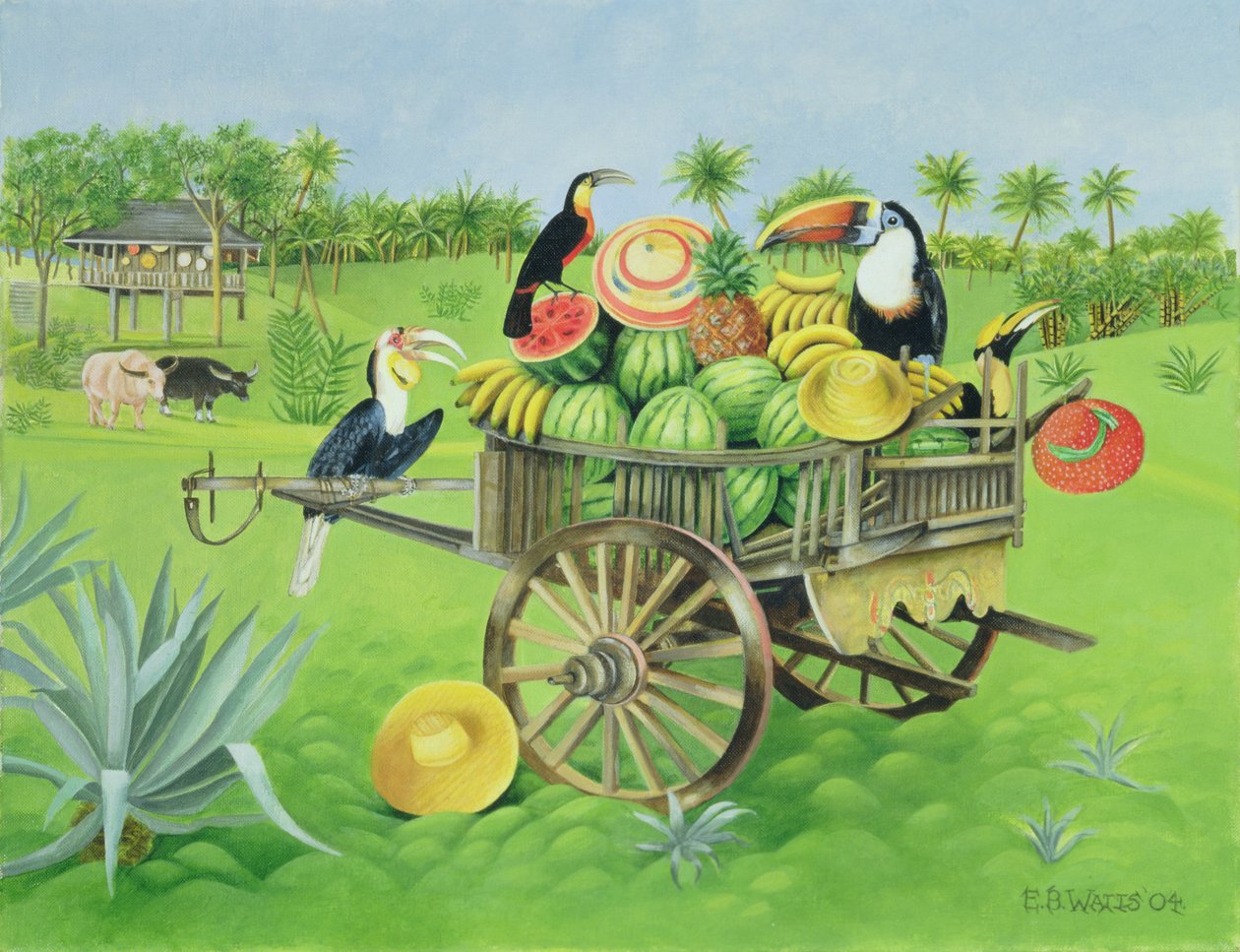 Tucanos e melancias em Old Thai Cart, 2004 (óleo sobre tela) de E.B. Watts