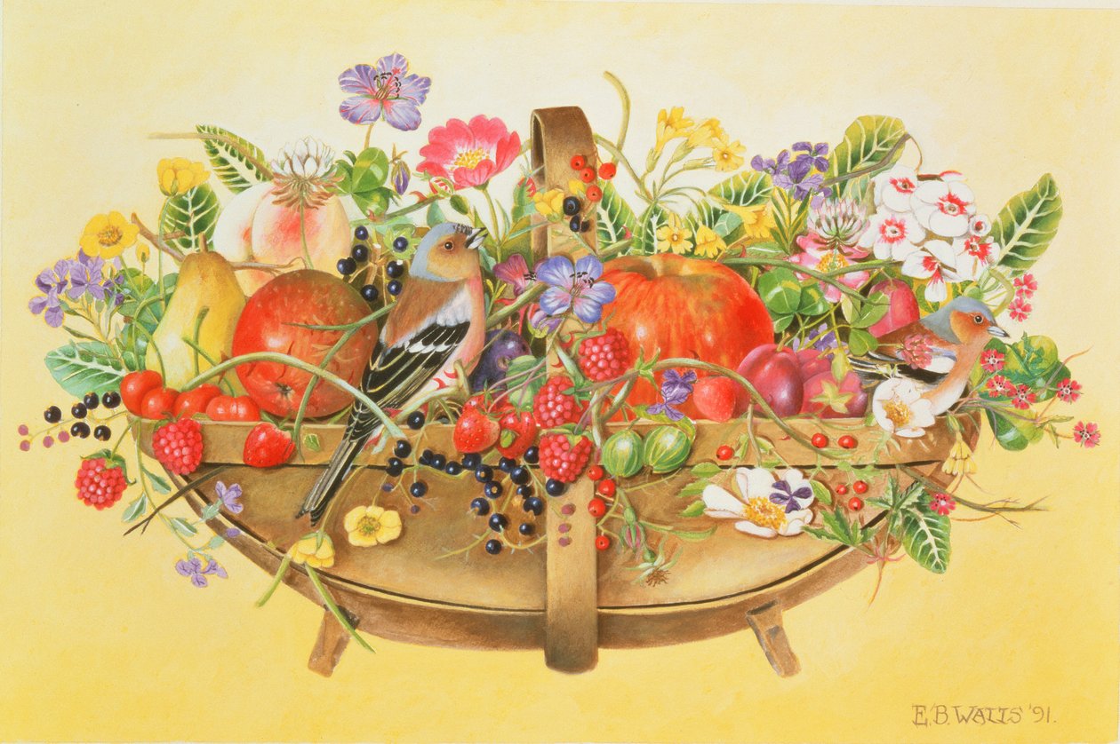 Trug com frutas, flores e tentilhões, 1991 (acrílico) de E.B. Watts