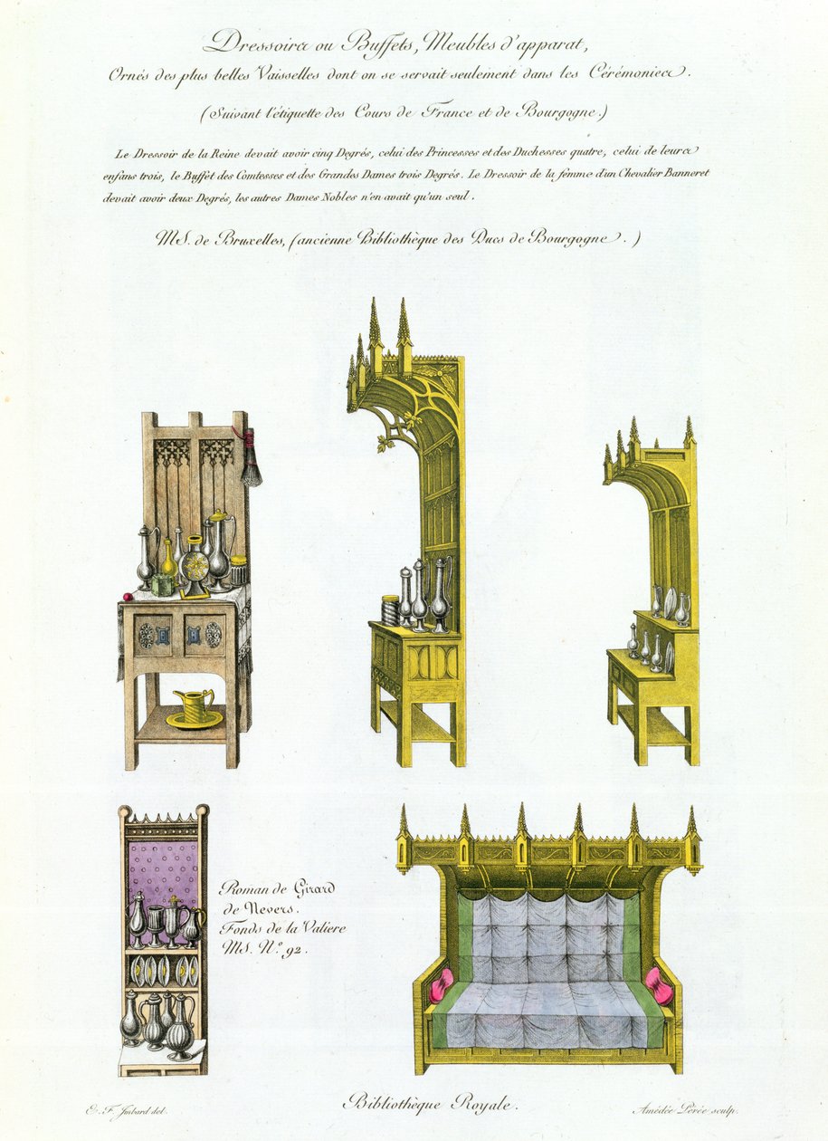 Mobiliário francês e borgonheso do século XV, de Monuments Francais, litografia de Amedee Peree, 1839 de E.F. Imbard
