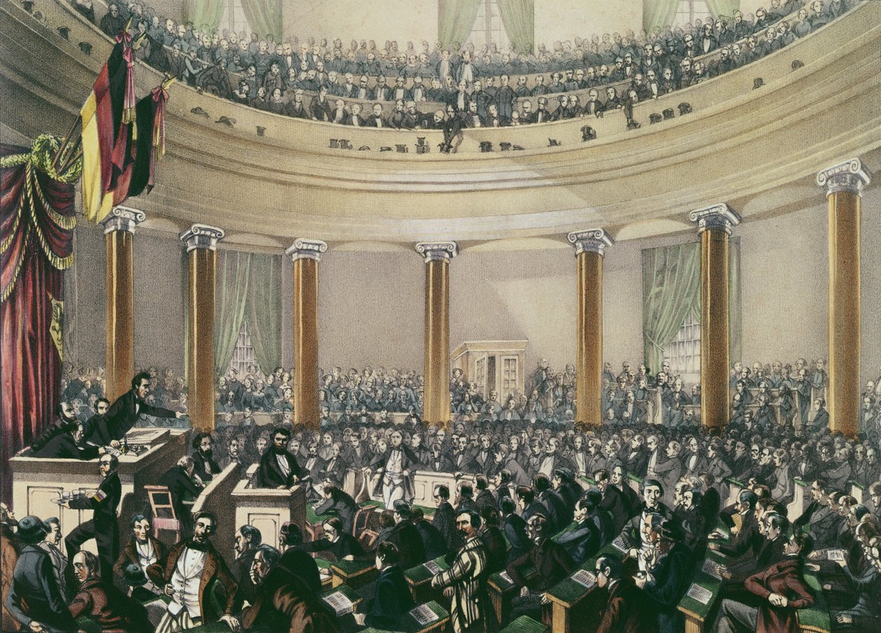 A Assembléia Nacional na igreja de São Paulo, Frankfurt, reuniu-se em maio de 1848 (litografia colorida) de E.G. May