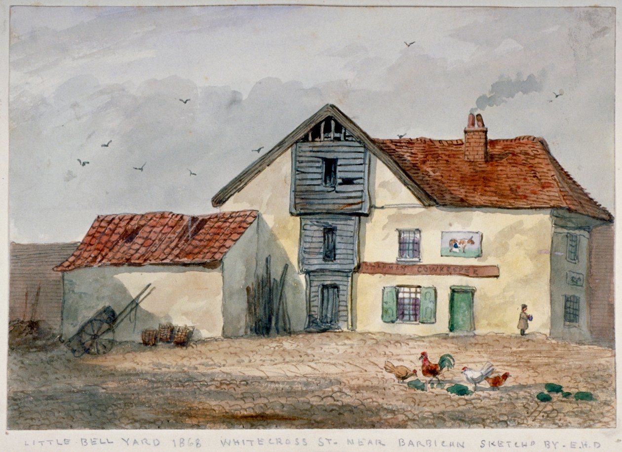 Vista de Little Bell Yard, Whitecross Street, com galinhas em primeiro plano, Londres, 1868 de EH Davies