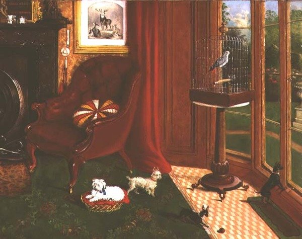 Interior com terriers e um papagaio numa gaiola de E.M. Fox