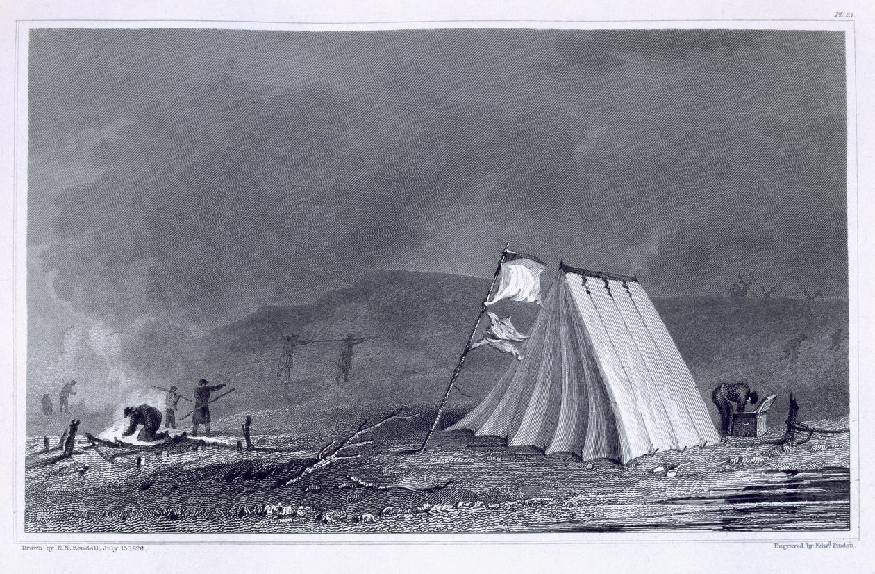 Acampamento em Browell Cove, 15 de julho de 1826, de "Narrativa de uma Segunda Expedição às Margens do Mar Polar nos anos 1825-27", de Sir John Franklin (1786-1847) gravado por Edward Finden (1791- de E.N. Kendall