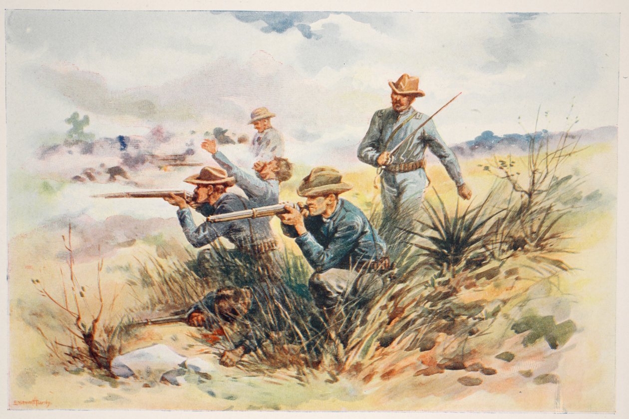 Os fuzileiros navais em Guantánamo, ilustração de "Battles of the décimo nono século" vol. V: Campanhas dos anos noventa, por A. Hilliard Atteridge de E.S. Hardy
