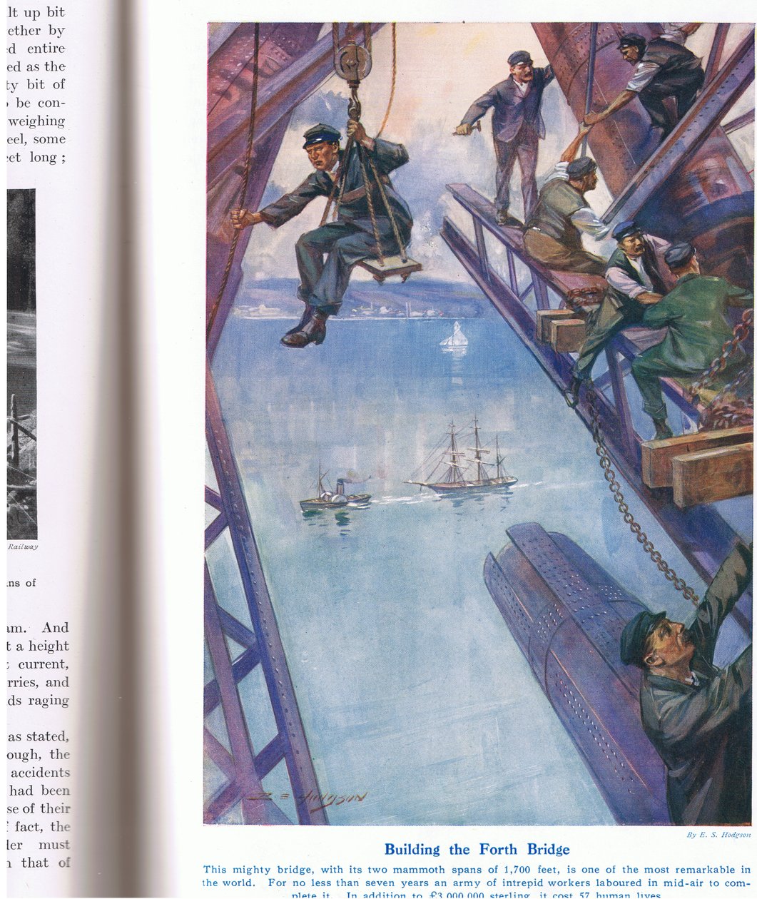 Construindo a Ponte do Futuro, ilustração de "Maravilhas da Terra e do Mar", publicada por Cassell, Londres, 1914 de E.S. Hodgson