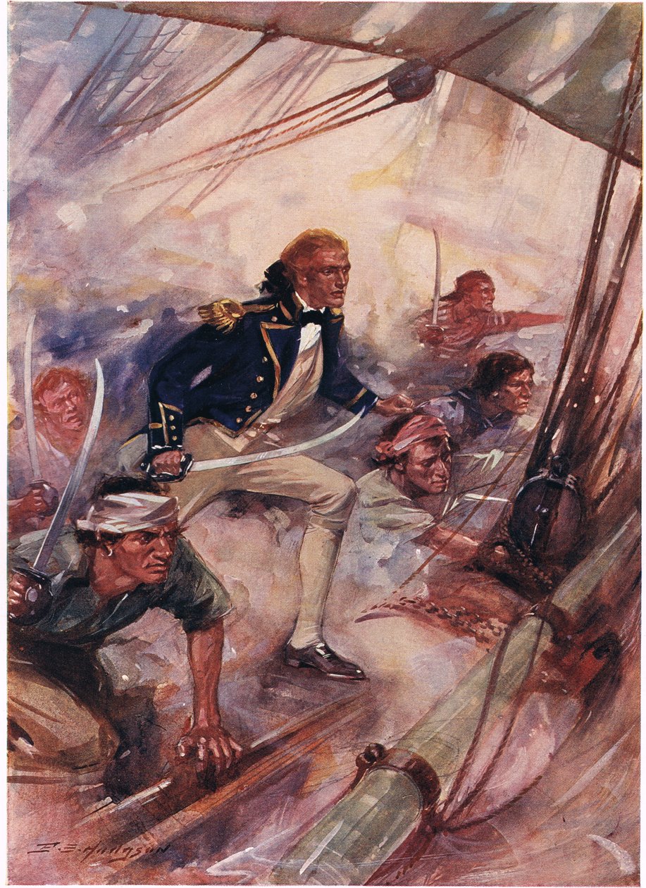 Nelson Embarcando no San Josef na Batalha de São Vicente, ilustração de "Batalhas Britânicas na Terra e no Mar", publicado por Cassell, Londres, c.1910 de E.S. Hodgson