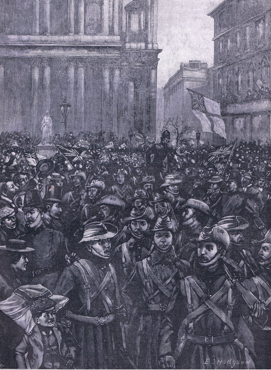 Os CIVs marchando pela Ludgate Hill, a caminho da Masion House até a estação de Waterloo, ilustração daCassells History of England, 1900s de E.S. Hodgson