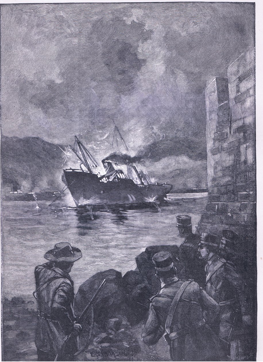 A Guerra Espanhola Americana: O naufrágio do Merrimac, ilustração deCassells História da Inglaterra, de 1900 de E.S. Hodgson