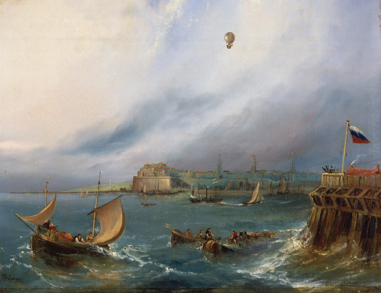 A Primeira Passagem de Balão do Canal da Mancha, 7 de janeiro de 1785, c.1840 de E.W. Cocks