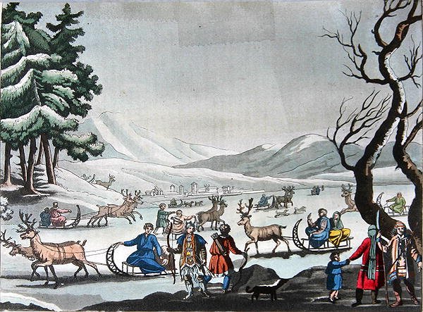 Tungus deixando seu acampamento de inverno em trenós puxados por renas, c.1820 (gravura colorida) de E. (after) Karnejeff