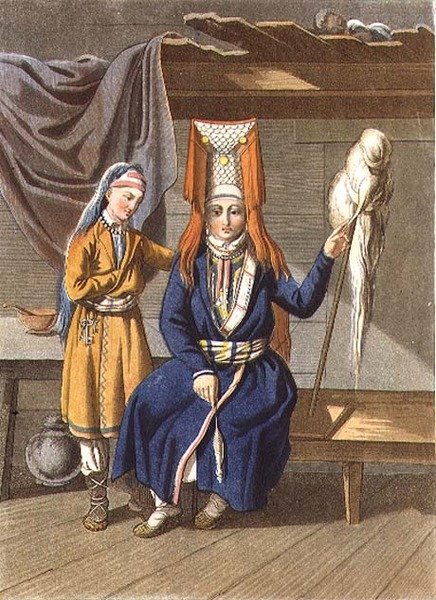 Votyak Women Spinning, gravada por Yegor Skotnikoff (1782-1843) (litho) de E. (after) Karnejeff
