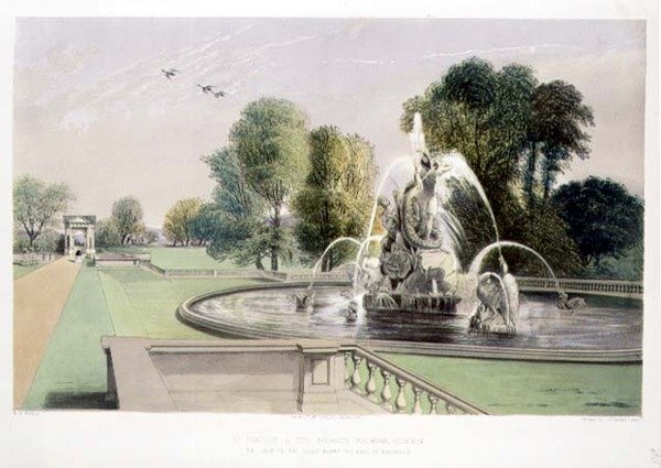 St. George and the Dragon Fountain, Holkham, pub. de Thomas McLean (litho) de E. Adveno Brooke