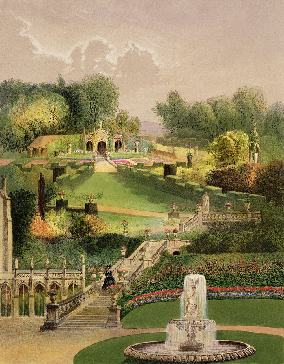 O Jardim do Lado da Colina, Castle Combe, de &39;The Garden&39;s of England&39;, publicado em 1857 de E. Adveno Brooke
