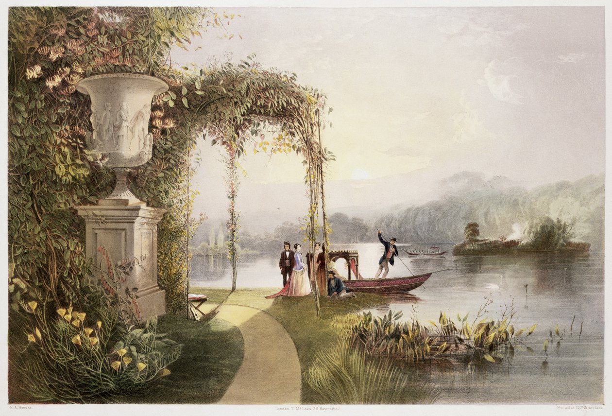 O Lago, Trentham Hall Gardens, de "Os Jardins da Inglaterra", publicado em 1857 (cromolito) de E. Adveno Brooke
