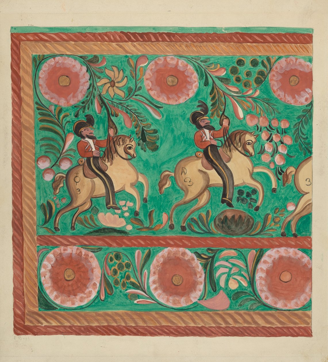 Baú de pinho nativo, pintado a óleo de E. Boyd