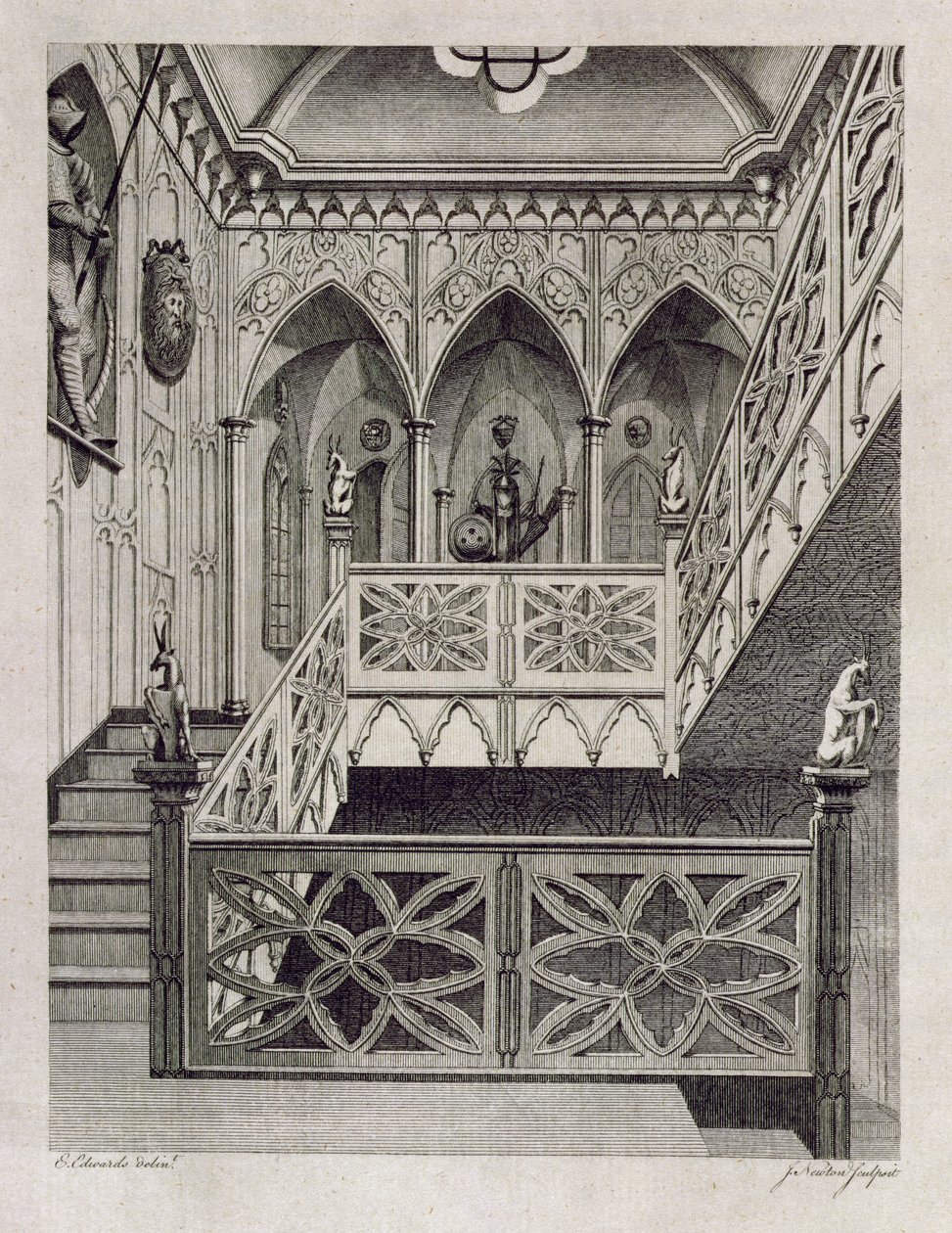 Escadaria em Strawberry Hill, gravada por J. Newton, de &39;Descrição de Strawberry Hill&39; por Horace Walpole, 1784 de E Edwards