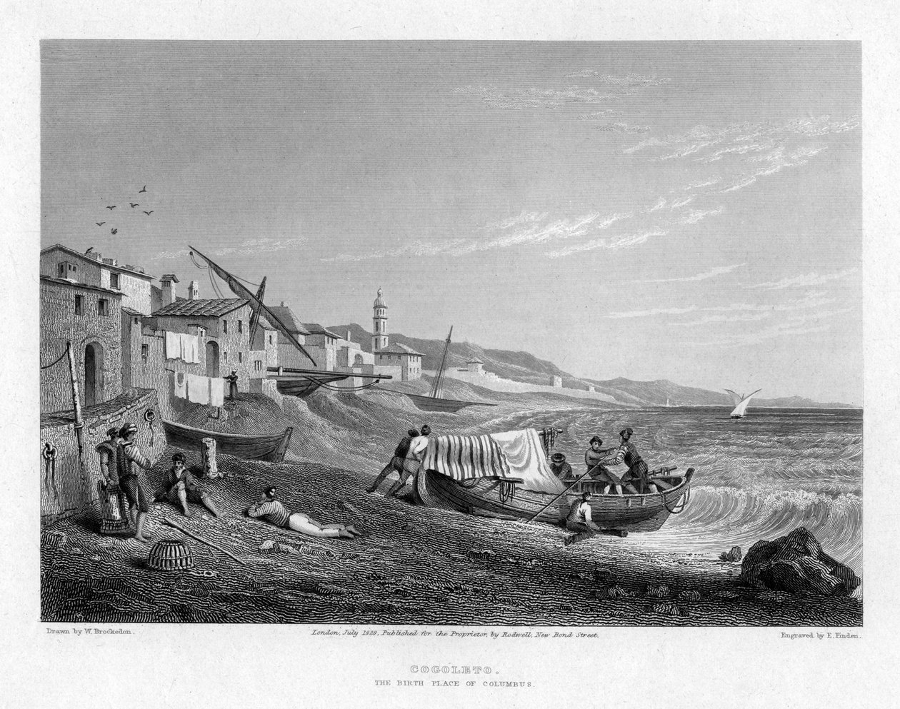 Cogoleto, o local de nascimento de Colombo, Itália, 1828. de E. Finden