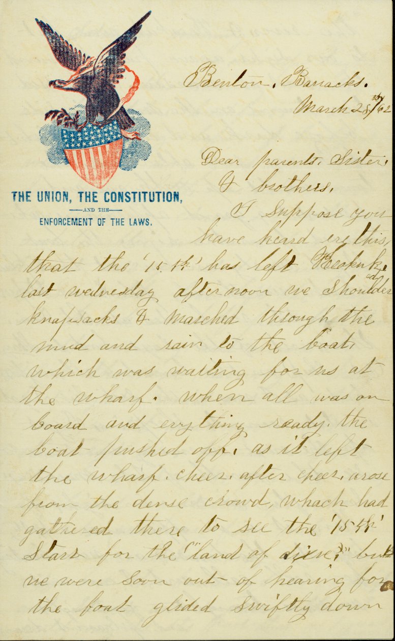 Carta assinada por E.G. Black, Benton Barracks, Mo., aos seus pais, irmã e irmãos, 28 de março de 1862 de E. G. Black