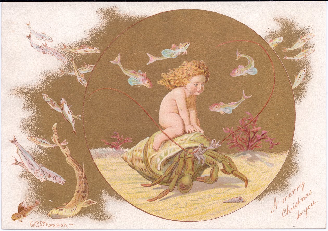 Um cartão de Natal vitoriano de um caranguejo eremita numa carapaça a ser montado por um bebé de água surrounnded por um cardume de peixes, de Gertude Thompson, c.1895 (cor litho) de E. Gertrude Thompson