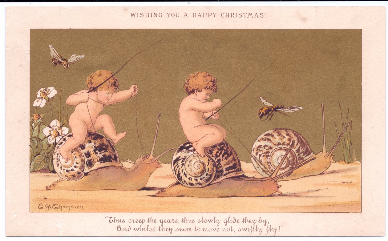 Um cartão de Natal vitoriano de dois bebês nus montados em caracóis escoltados por vespas contra um fundo dourado, c.1895 (lito colorido) de E. Gertrude Thompson