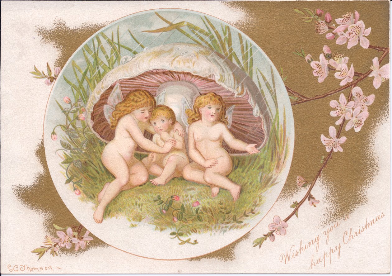 Um Natal vitoriano de um grupo de fadas que se abrigam da chuva sob um cogumelo, por Gertrude Thompson, c.1895 (cor litho) de E. Gertrude Thompson
