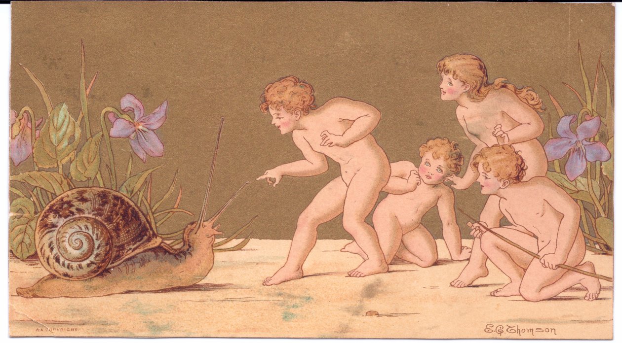 Um cartão de felicitações vitoriano de quatro fadas nuas provocando um caracol contra um fundo dourado, de Gertude Thompson, c.1895 (cor litho) de E. Gertrude Thompson